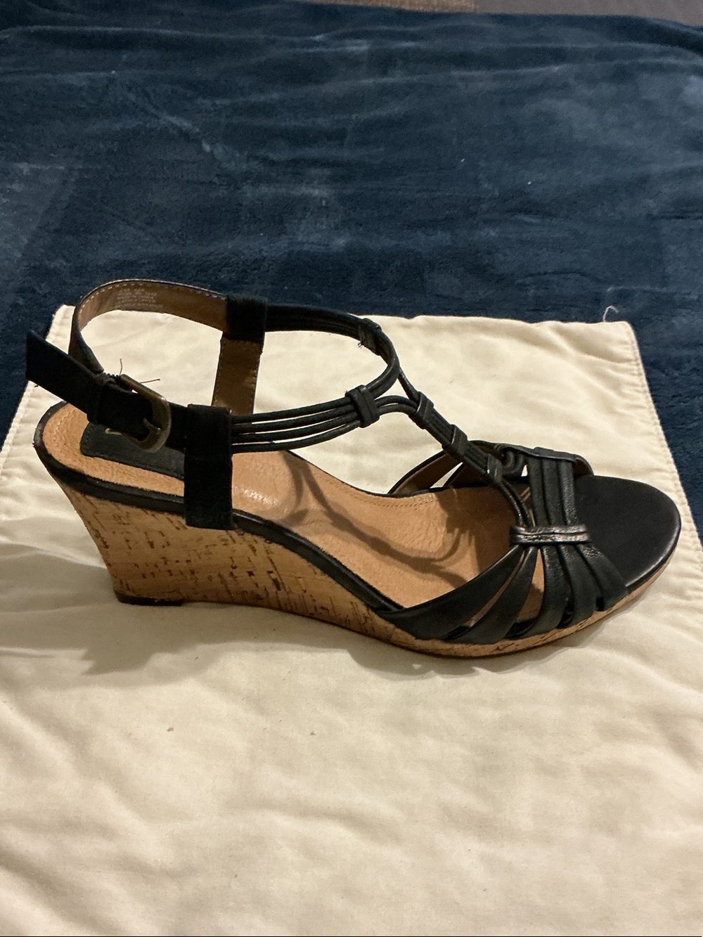 Clarks Black Leather Cork Wedge Sandals with T-Strap